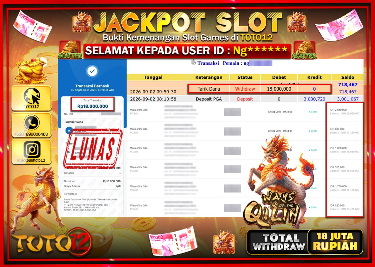 HANYA DI TOTO12 JP PASTI DI BAYAR LUNAS DAN CEPAT!!!!!! JACKPOT SLOT GAME (WAYS OF THE QILIH) Rp18.000.000!!!!
