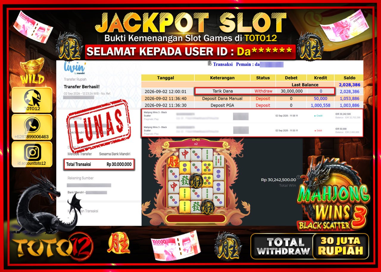 HANYA DI TOTO12 JP PASTI DI BAYAR LUNAS DAN CEPAT!!!!!! JACKPOT SLOT GAME (MAHJONG WINS 3 BLACK SCATTER) Rp30.000.000!!!!