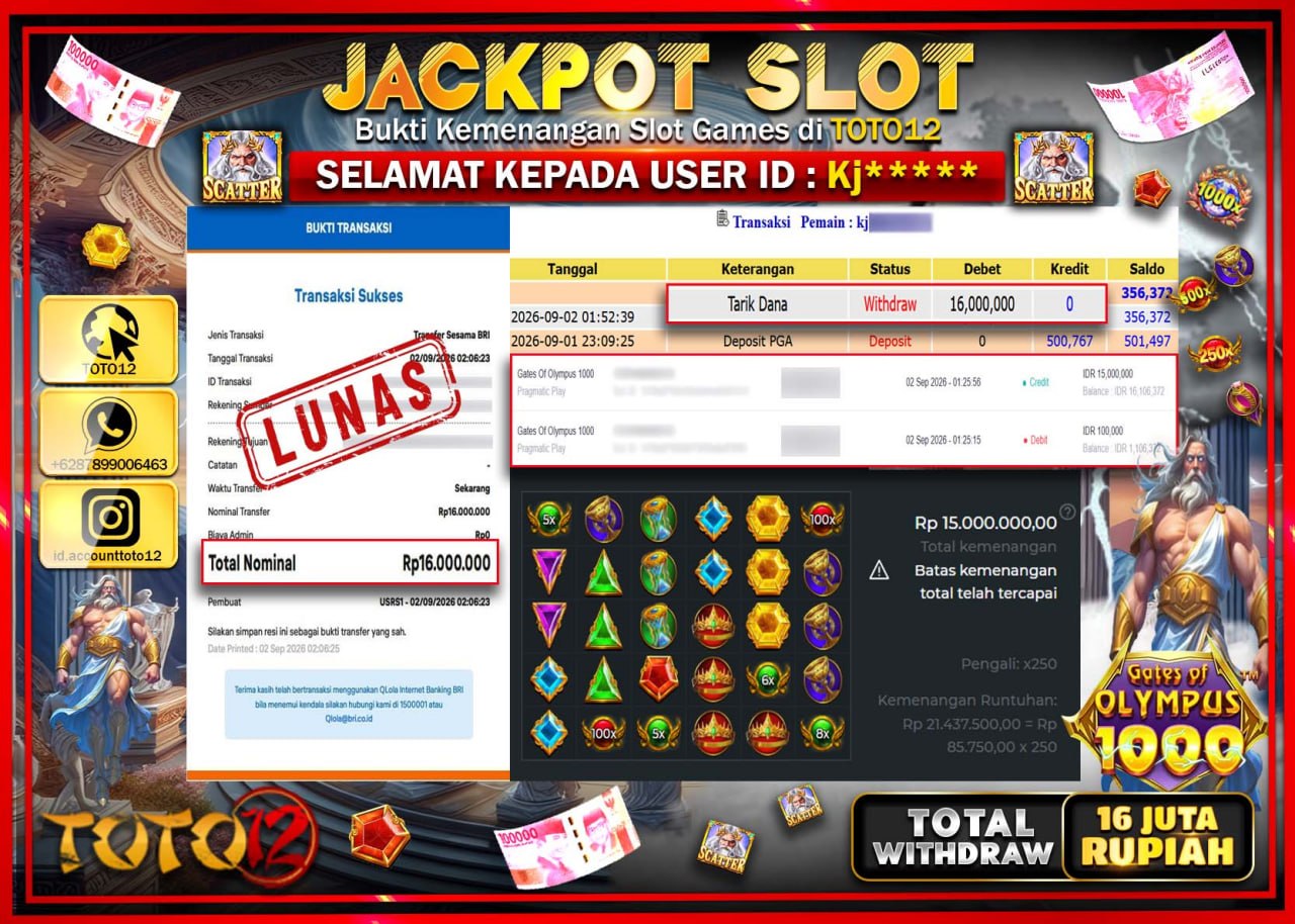 HANYA DI TOTO12 JP PASTI DI BAYAR LUNAS DAN CEPAT!!!!!! JACKPOT SLOT GAME (GATES OF OLYMPUS 1000) Rp16.000.000!!!!