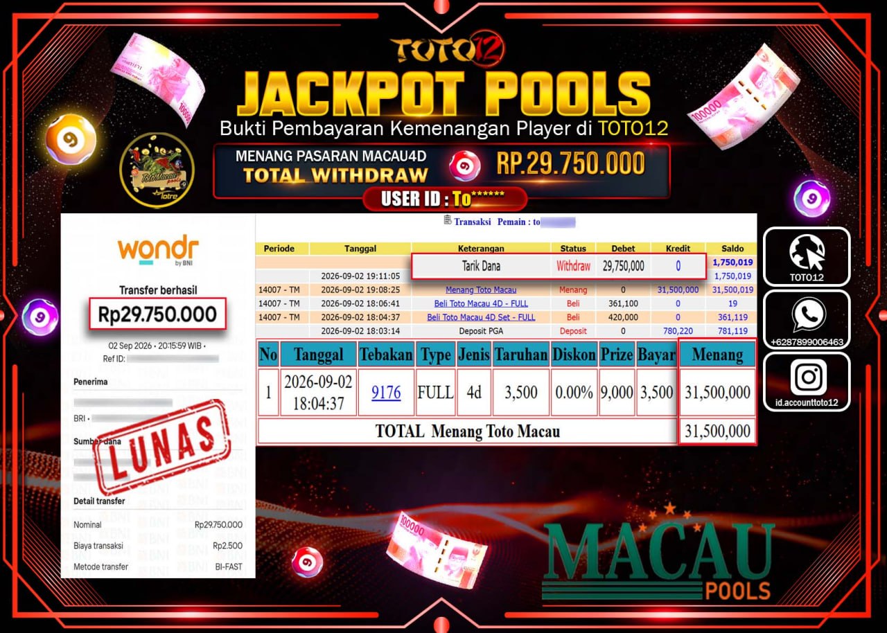 HANYA DI TOTO12 JP PASTI DI BAYAR LUNAS DAN CEPAT!!!!!! JACKPOT POOLS PASARAN (MACAU 4D) Rp29.750.000!!!!
