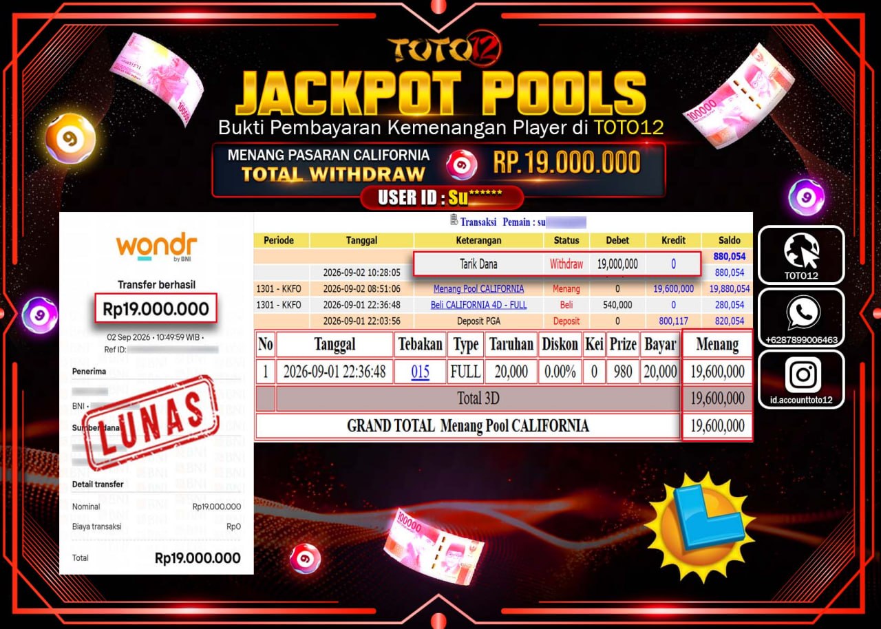 HANYA DI TOTO12 JP PASTI DI BAYAR LUNAS DAN CEPAT!!!!!! JACKPOT POOLS PASARAN (CALIFORNIA) Rp19.000.000!!!!