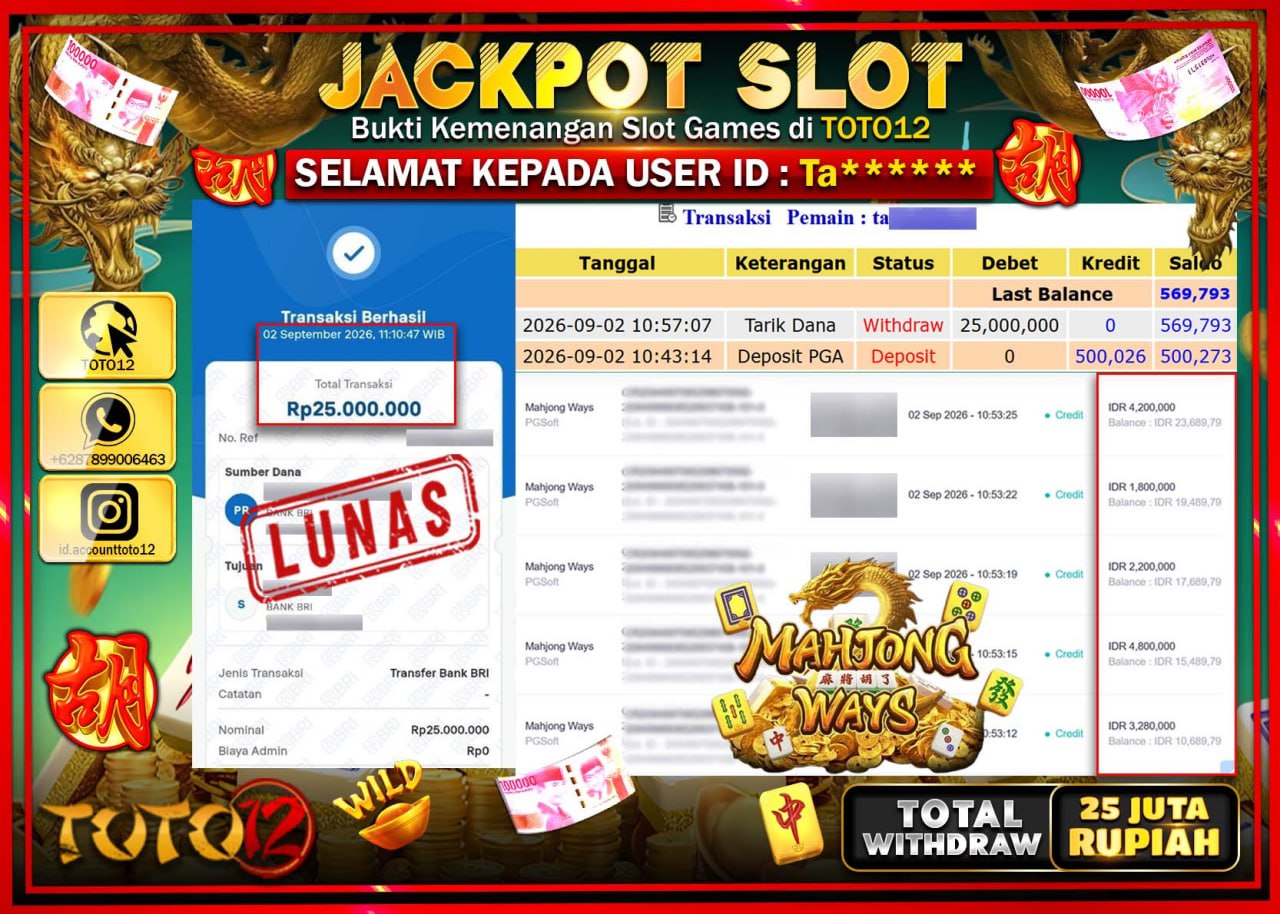 HANYA DI TOTO12 JP PASTI DI BAYAR LUNAS DAN CEPAT!!!!!! JACKPOT SLOT GAME (MAHJONG WAYS) Rp25.000.000!!!!