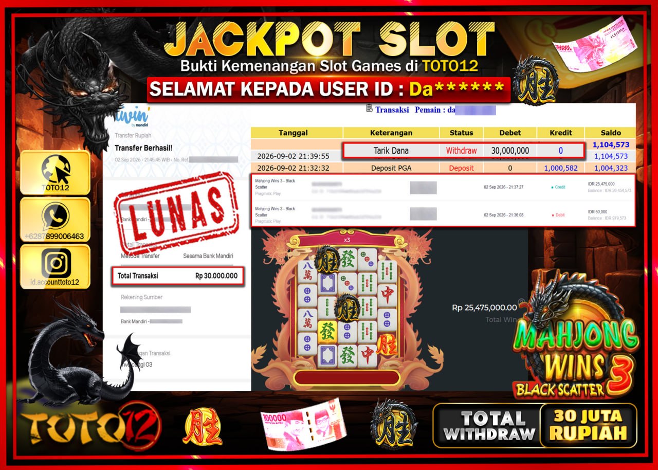 HANYA DI TOTO12 JP PASTI DI BAYAR LUNAS DAN CEPAT!!!!!! JACKPOT SLOT GAME (MAHJONG WINS 3 BLACK SCATTER) Rp30.000.000!!!!