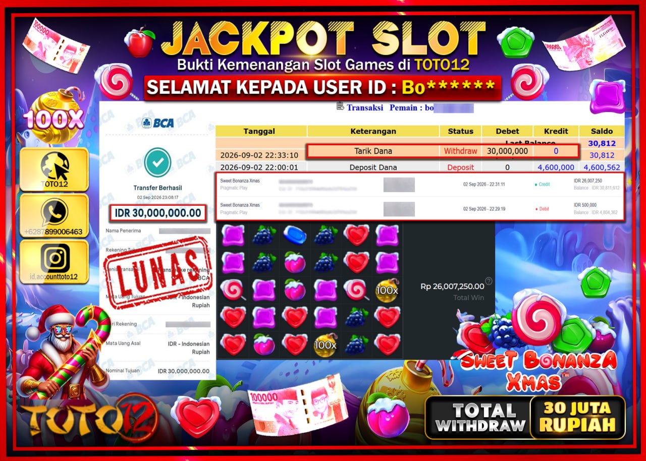 HANYA DI TOTO12 JP PASTI DI BAYAR LUNAS DAN CEPAT!!!!!! JACKPOT SLOT GAME (SWEET BONANZA XMAS) Rp30.000.000!!!!