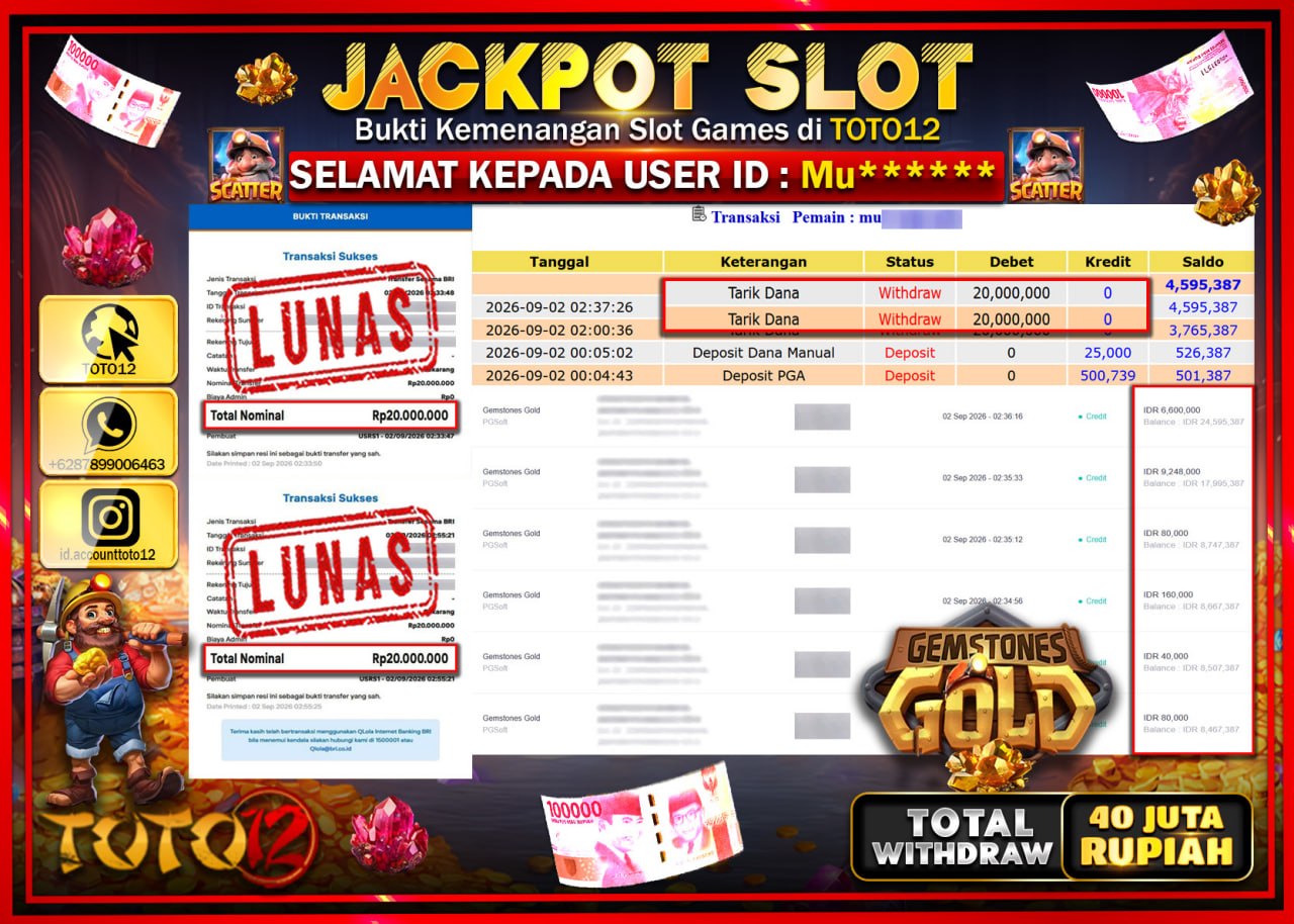 HANYA DI TOTO12 JP PASTI DI BAYAR LUNAS DAN CEPAT!!!!!! JACKPOT SLOT GAME (GEMSTONES GOLD) Rp40.000.000!!!!