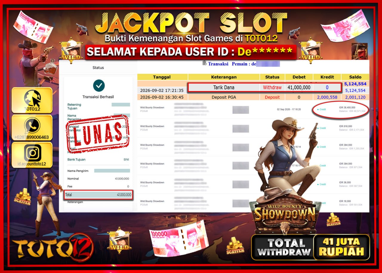 HANYA DI TOTO12 JP PASTI DI BAYAR LUNAS DAN CEPAT!!!!!! JACKPOT SLOT GAME (WILD BOUNTY SHOWDOWN) Rp41.000.000!!!!