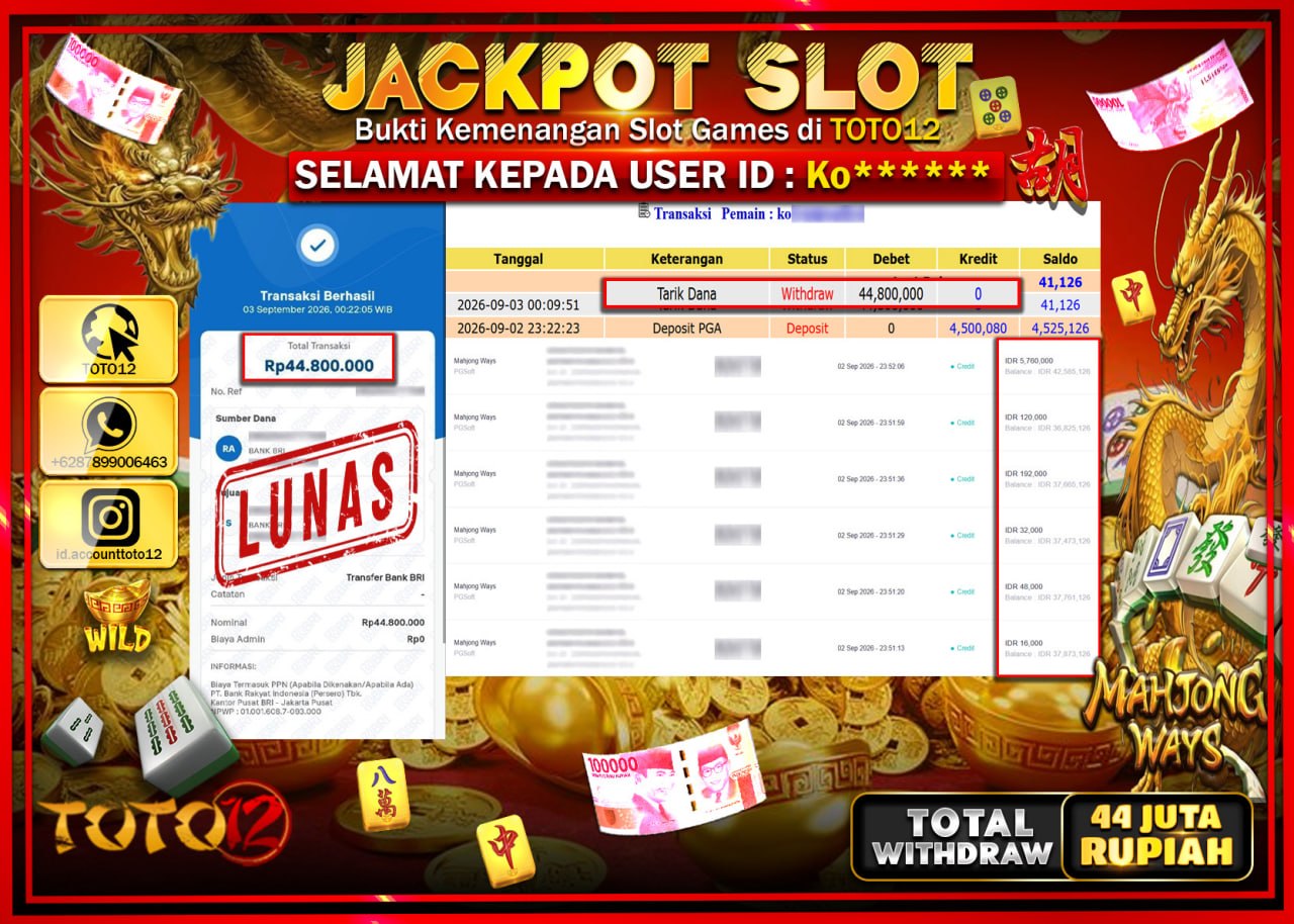 HANYA DI TOTO12 JP PASTI DI BAYAR LUNAS DAN CEPAT!!!!!! JACKPOT SLOT GAME (MAHJONG WAYS) Rp44.800.000!!!!
