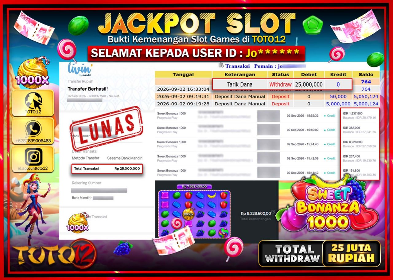 HANYA DI TOTO12 JP PASTI DI BAYAR LUNAS DAN CEPAT!!!!!! JACKPOT SLOT GAME (SWEET BONANZA 1000) Rp25.000.000!!!!