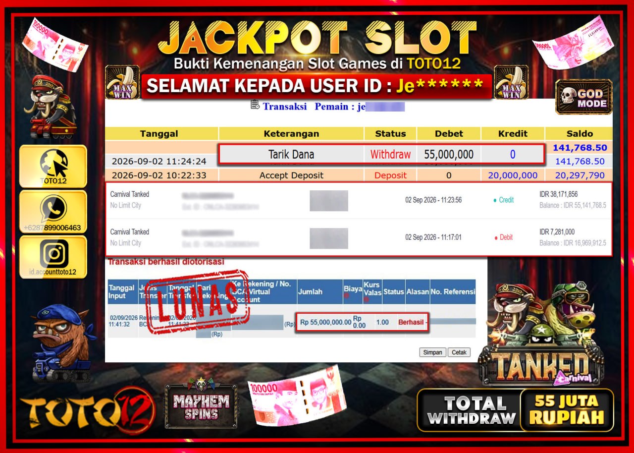 HANYA DI TOTO12 JP PASTI DI BAYAR LUNAS DAN CEPAT!!!!!! JACKPOT SLOT GAME (CARNIVAL TANKED) Rp55.000.000!!!!