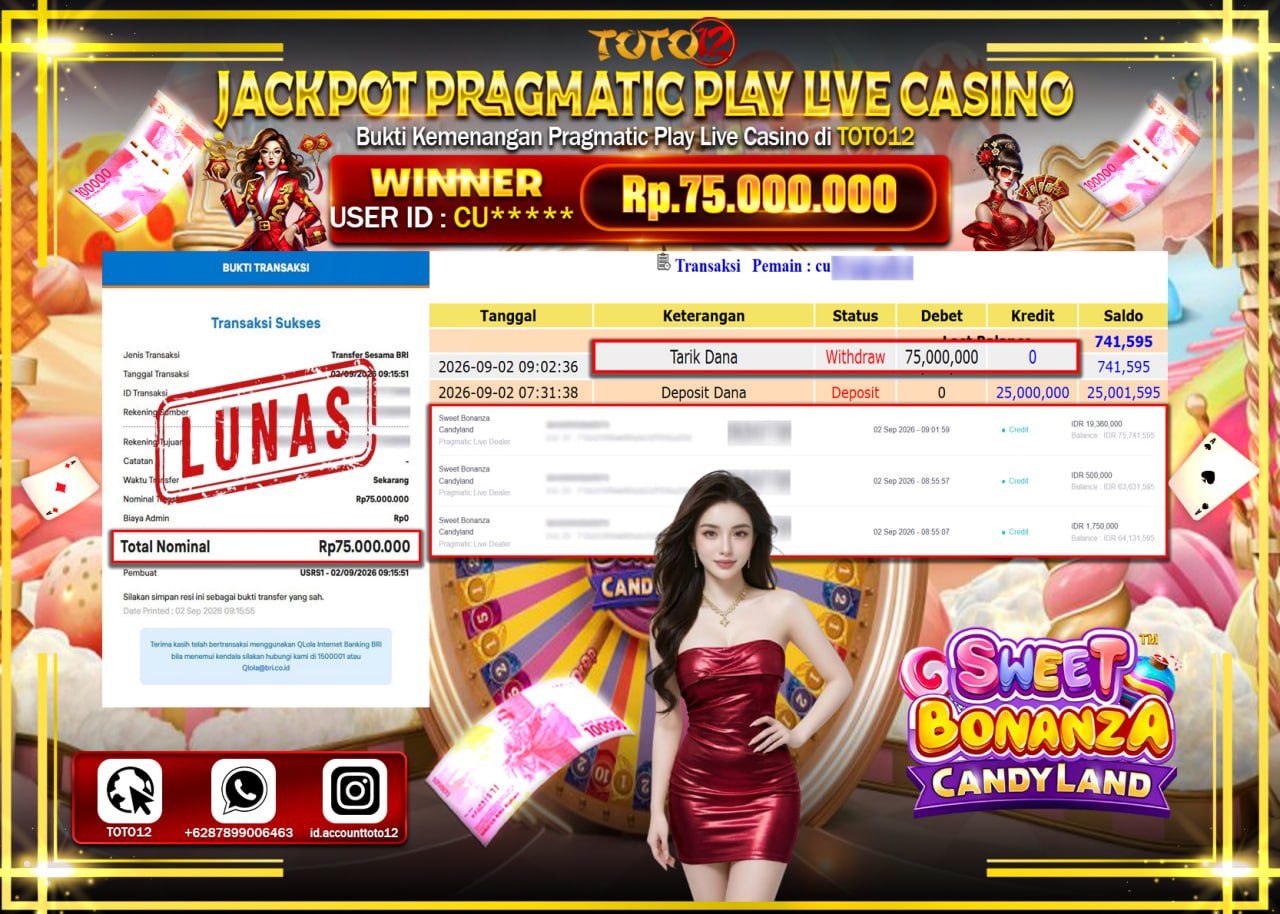 HANYA DI TOTO12 JP PASTI DI BAYAR LUNAS DAN CEPAT!!!!!! JACKPOT PRAGMATIC PLAY LIVE GAME CASINO (SWEET BONANZA CANDYLAND) Rp75.000.000!!!!