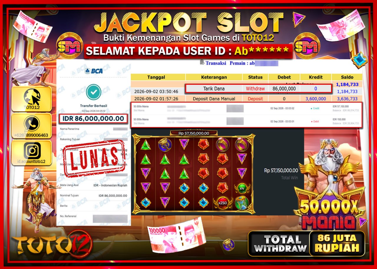 HANYA DI TOTO12 JP PASTI DI BAYAR LUNAS DAN CEPAT!!!!!! JACKPOT SLOT GAME (50.000 X MANIA) Rp86.000.000!!!!