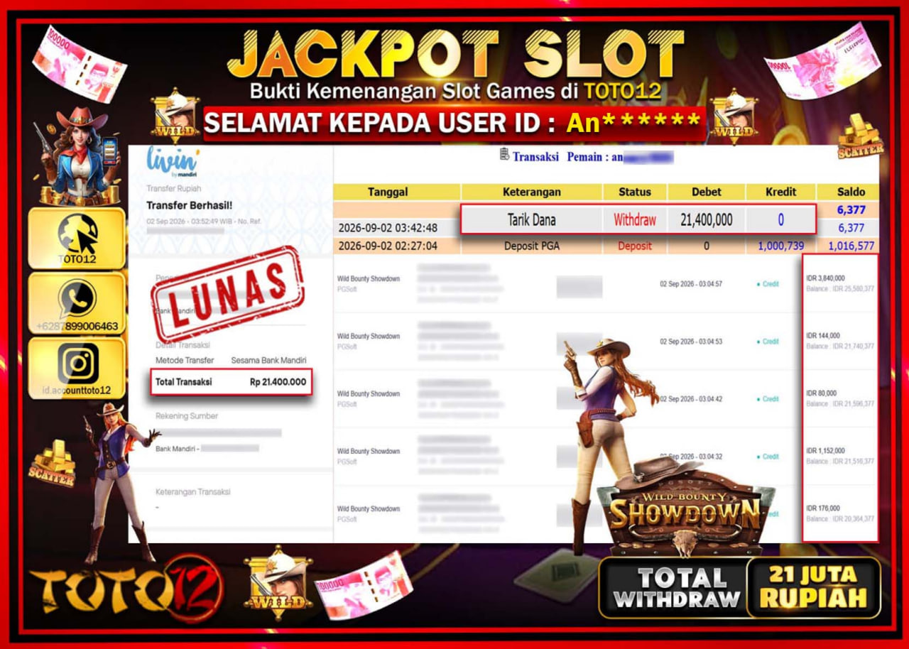 HANYA DI TOTO12 JP PASTI DI BAYAR LUNAS DAN CEPAT!!!!!! JACKPOT SLOT GAME (WILD BOUNTY SHOWDOWN) Rp21.400.000!!!!