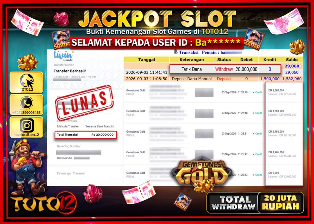 HANYA DI TOTO12 JP PASTI DI BAYAR LUNAS DAN CEPAT!!!!!! JACKPOT SLOT GAME (GEMSTONES GOLD) Rp20.000.000!!!!