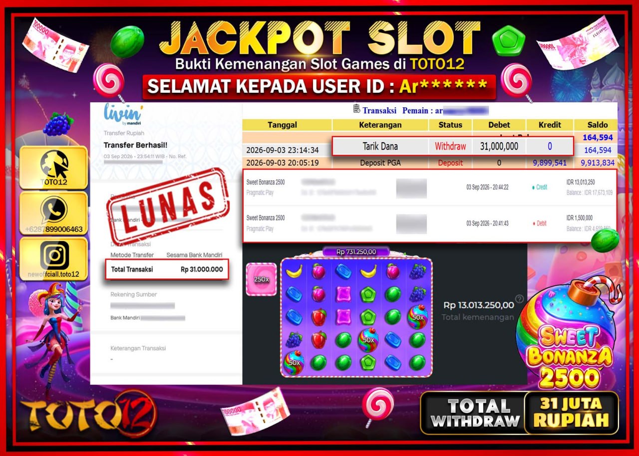 HANYA DI TOTO12 JP PASTI DI BAYAR LUNAS DAN CEPAT!!!!!! JACKPOT SLOT GAME (SWEET BONANZA 2500) Rp31.000.000!!!!