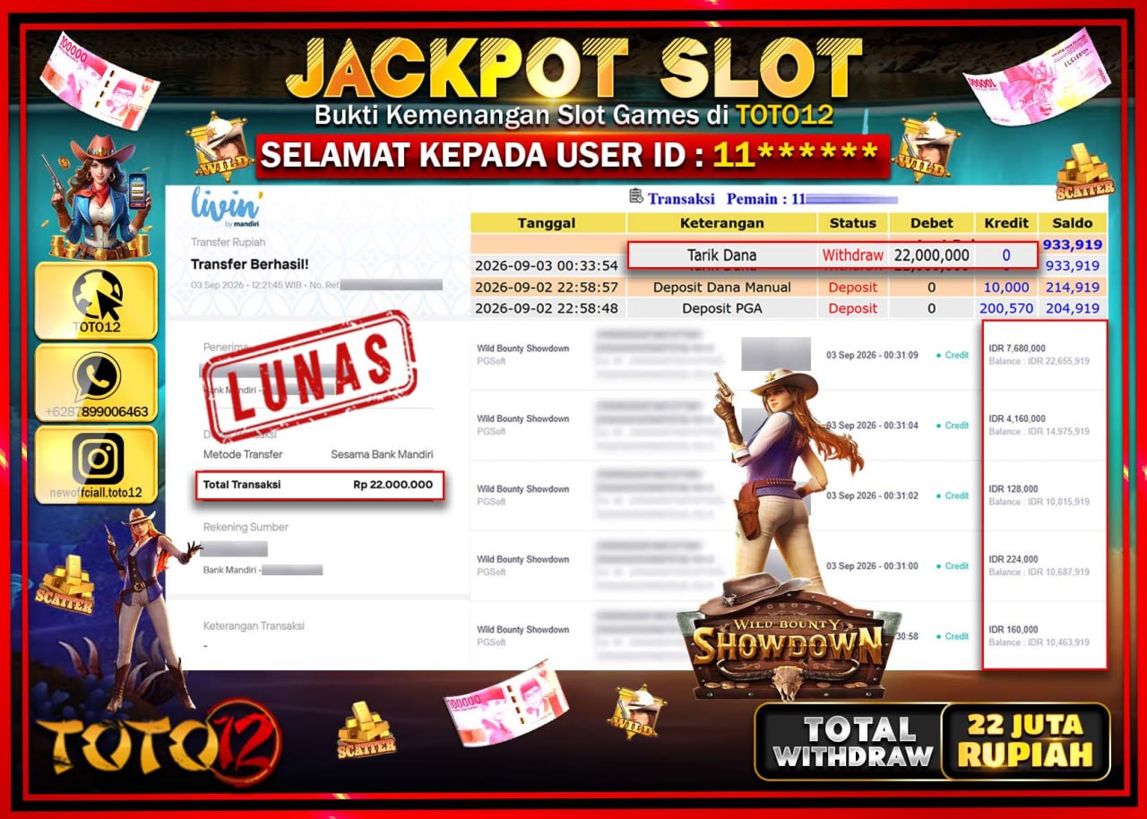 HANYA DI TOTO12 JP PASTI DI BAYAR LUNAS DAN CEPAT!!!!!! JACKPOT SLOT GAME (WILD BOUNTY SHOWDOWN) Rp22.000.000!!!!