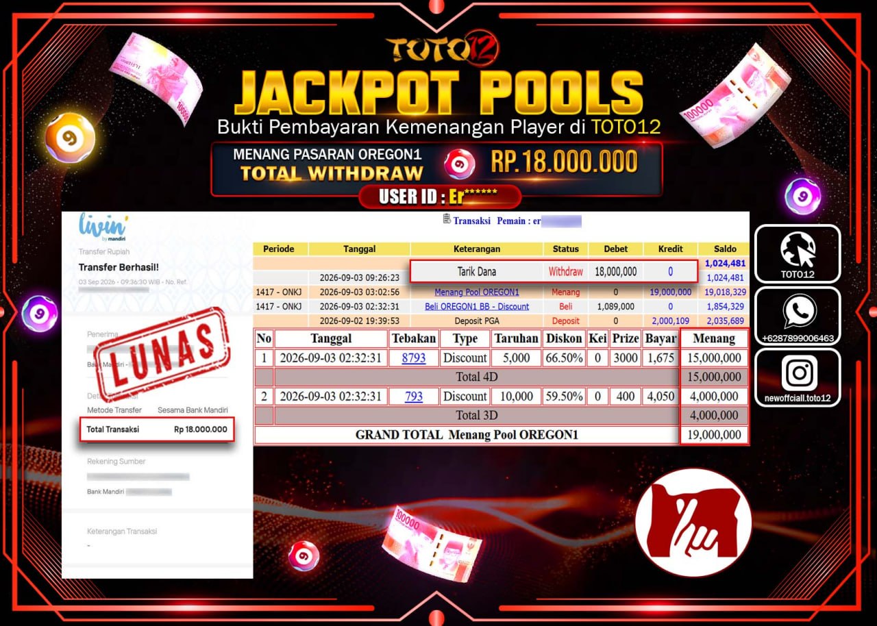 HANYA DI TOTO12 JP PASTI DI BAYAR LUNAS DAN CEPAT!!!!!! JACKPOT POOLS PASARAN (OREGON1) Rp18.000.000!!!!