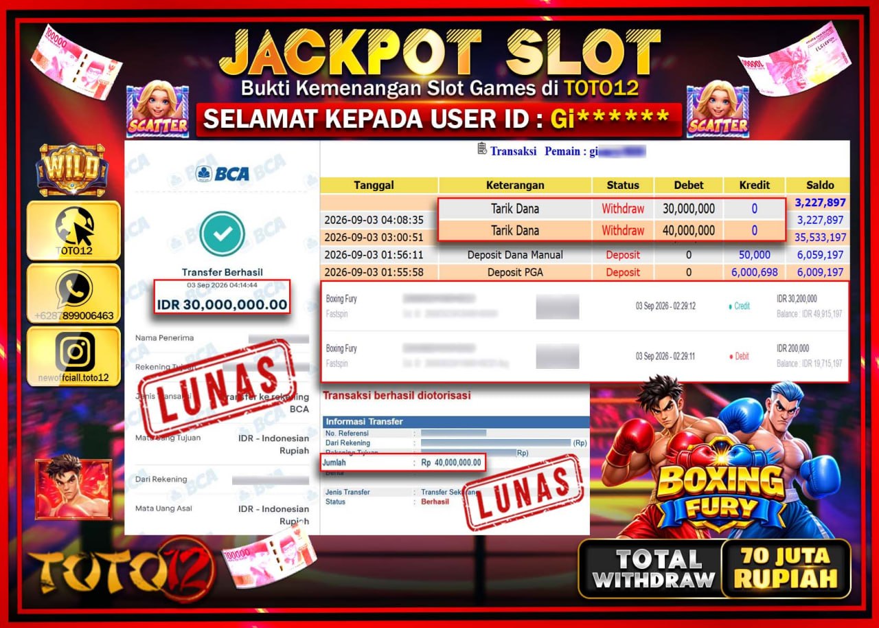 HANYA DI TOTO12 JP PASTI DI BAYAR LUNAS DAN CEPAT!!!!!! JACKPOT SLOT GAME (BOXING FURY) Rp70.000.000!!!!