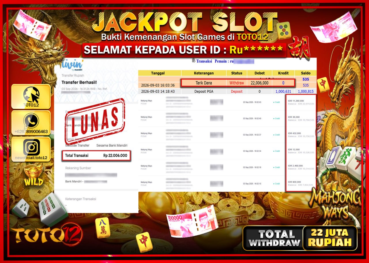 HANYA DI TOTO12 JP PASTI DI BAYAR LUNAS DAN CEPAT!!!!!! JACKPOT SLOT GAME (MAHJONG WAYS) Rp22.006.000!!!!