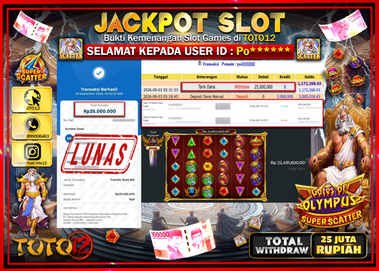 HANYA DI TOTO12 JP PASTI DI BAYAR LUNAS DAN CEPAT!!!!!! JACKPOT SLOT GAME (GATES OF OLYMPUS SUPER SCATTER) Rp25.000.000!!!!