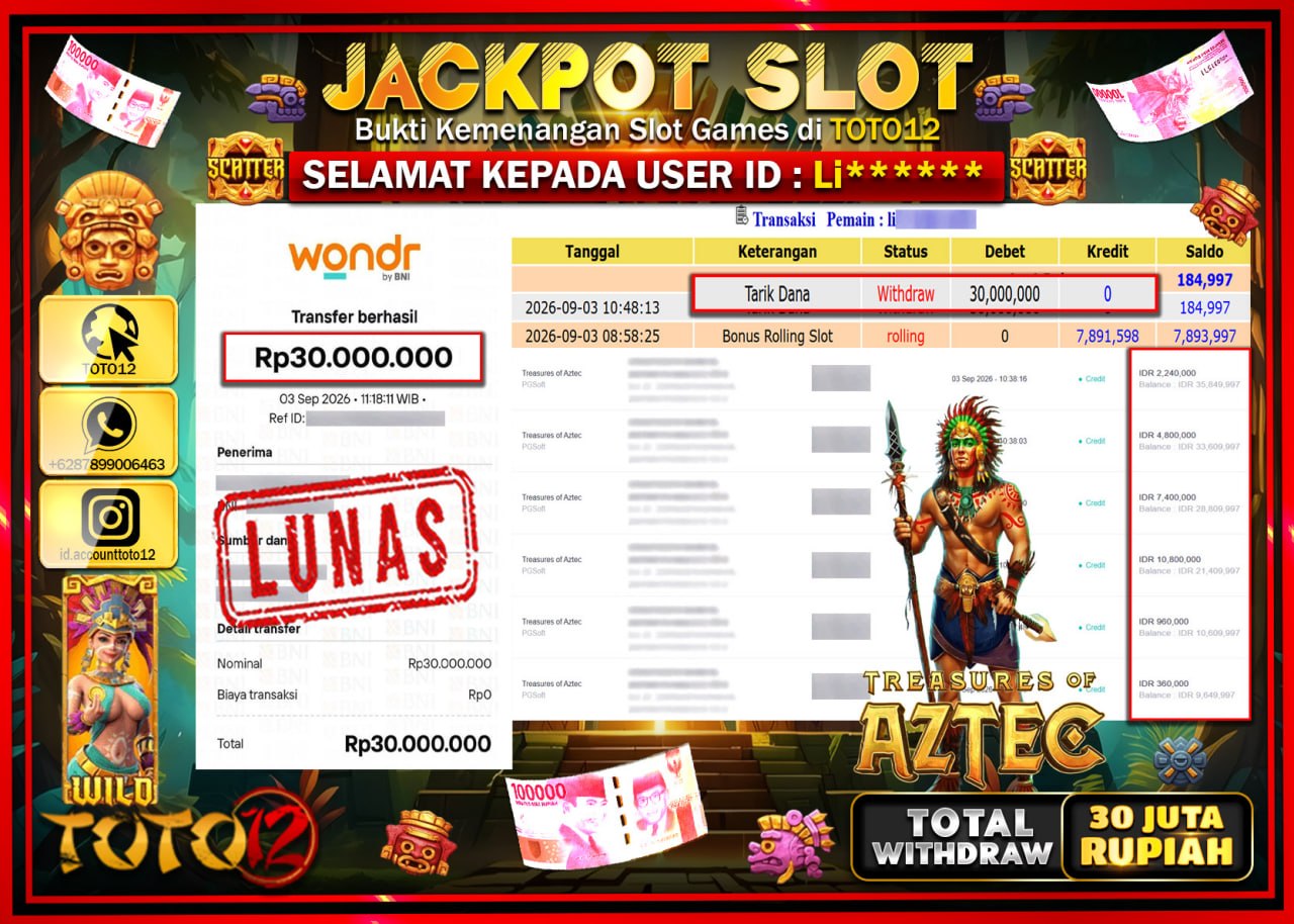 HANYA DI TOTO12 JP PASTI DI BAYAR LUNAS DAN CEPAT!!!!!! JACKPOT SLOT GAME (TREASURES OF AZTEC) Rp30.000.000!!!!