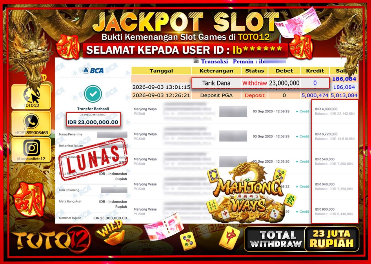 HANYA DI TOTO12 JP PASTI DI BAYAR LUNAS DAN CEPAT!!!!!! JACKPOT SLOT GAME (MAHJONG WAYS) Rp23.000.000!!!!
