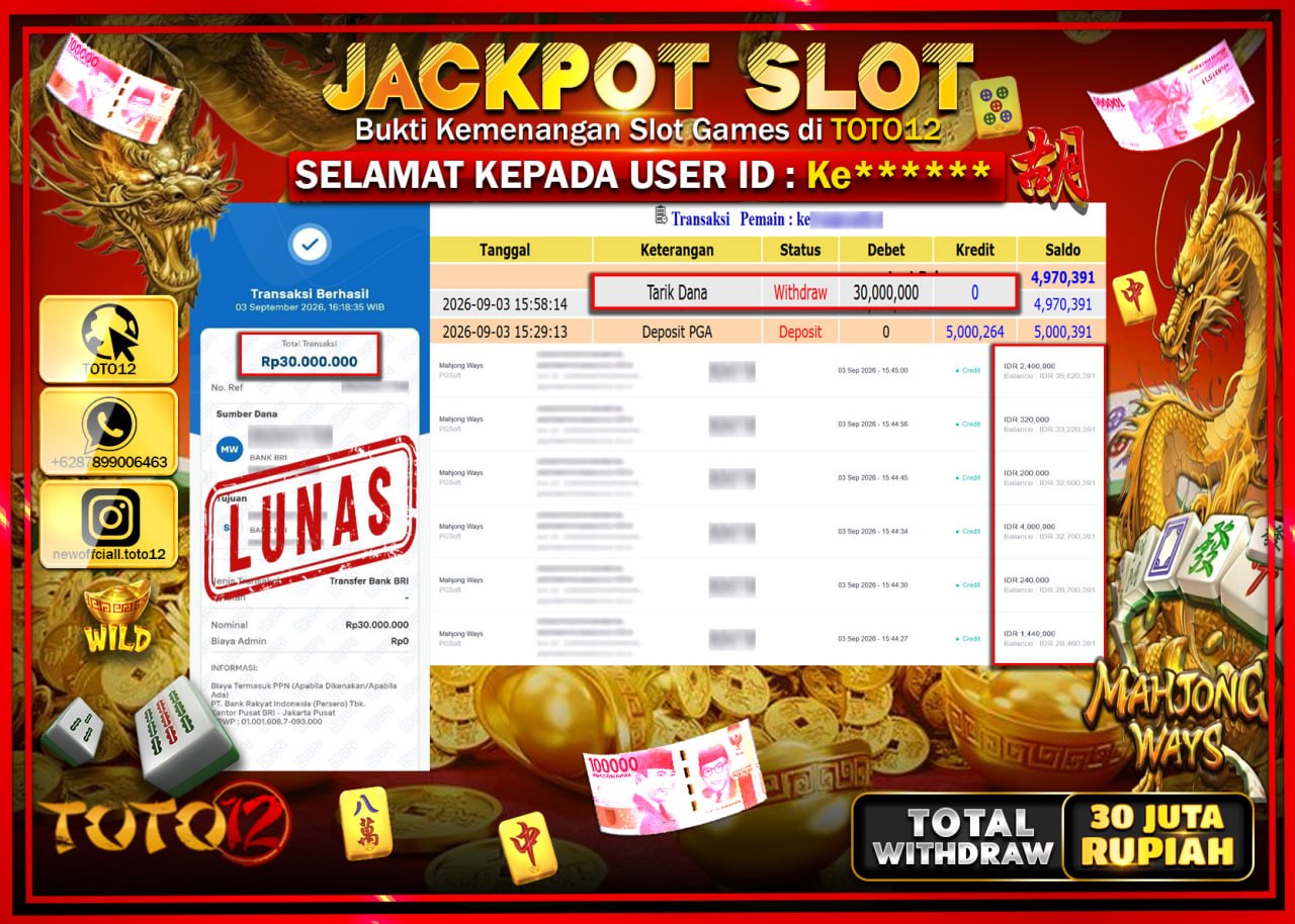 HANYA DI TOTO12 JP PASTI DI BAYAR LUNAS DAN CEPAT!!!!!! JACKPOT SLOT GAME (MAHJONG WAYS) Rp30.000.000!!!!