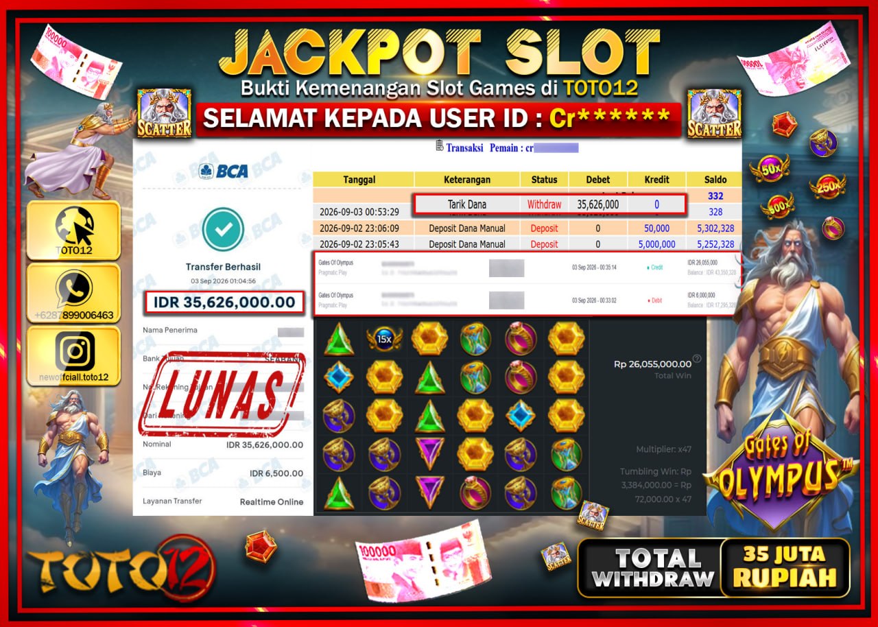 HANYA DI TOTO12 JP PASTI DI BAYAR LUNAS DAN CEPAT!!!!!! JACKPOT SLOT GAME (GATES OF OLYMPUS) Rp35.626.000!!!!