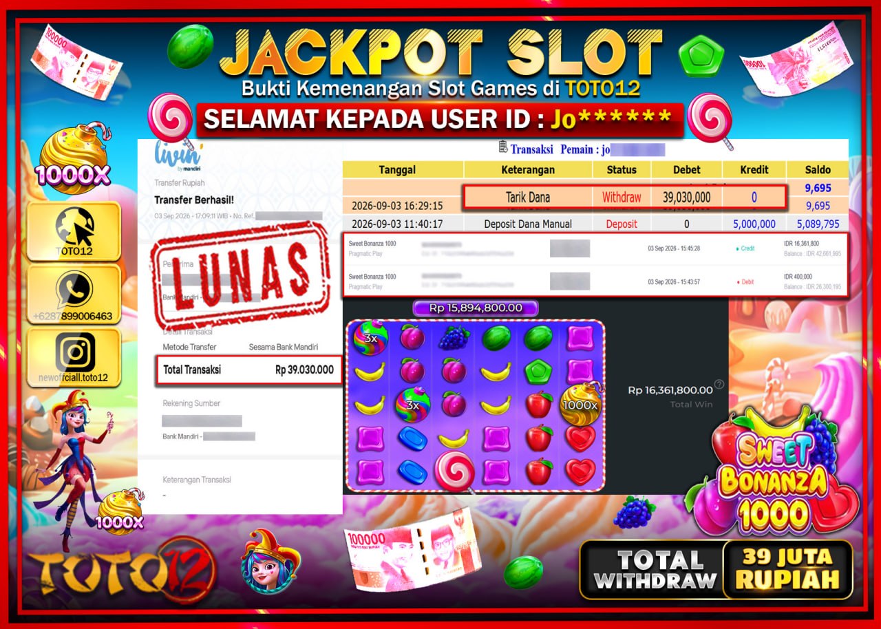 HANYA DI TOTO12 JP PASTI DI BAYAR LUNAS DAN CEPAT!!!!!! JACKPOT SLOT GAME (SWEET BONANZA 1000) Rp39.030.000!!!!