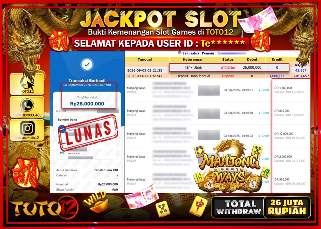 HANYA DI TOTO12 JP PASTI DI BAYAR LUNAS DAN CEPAT!!!!!! JACKPOT SLOT GAME (MAHJONG WAYS) Rp26.000.000!!!!