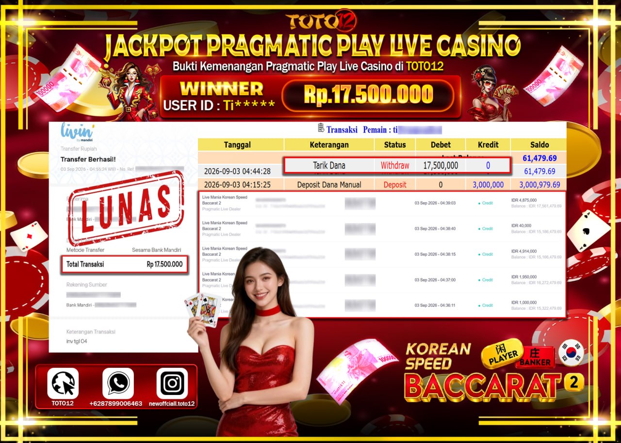 HANYA DI TOTO12 JP PASTI DI BAYAR LUNAS DAN CEPAT!!!!!! JACKPOT PRAGMATIC PLAY LIVE GAME CASINO (LIVE MANIA KOREAN SPEED BACCARAT 2) Rp17.500.000!!!!
