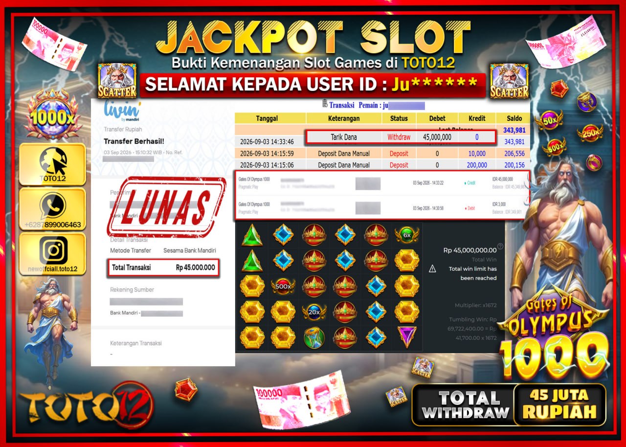 HANYA DI TOTO12 JP PASTI DI BAYAR LUNAS DAN CEPAT!!!!!! JACKPOT SLOT GAME (GATES OF OLYMPUS 1000) Rp45.000.000!!!!