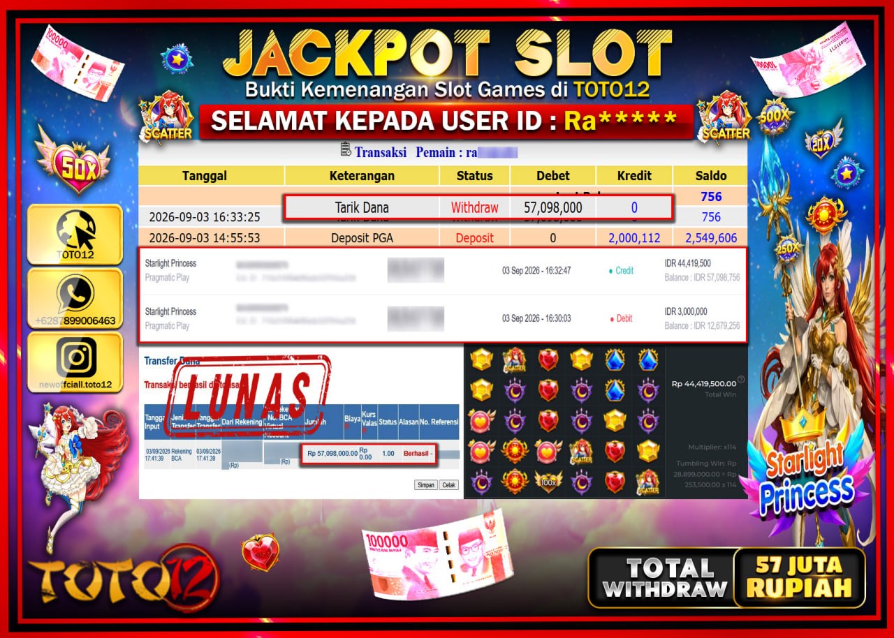 HANYA DI TOTO12 JP PASTI DI BAYAR LUNAS DAN CEPAT!!!!!! JACKPOT SLOT GAME (STARLIGHT PRINCESS) Rp57.098.000!!!!