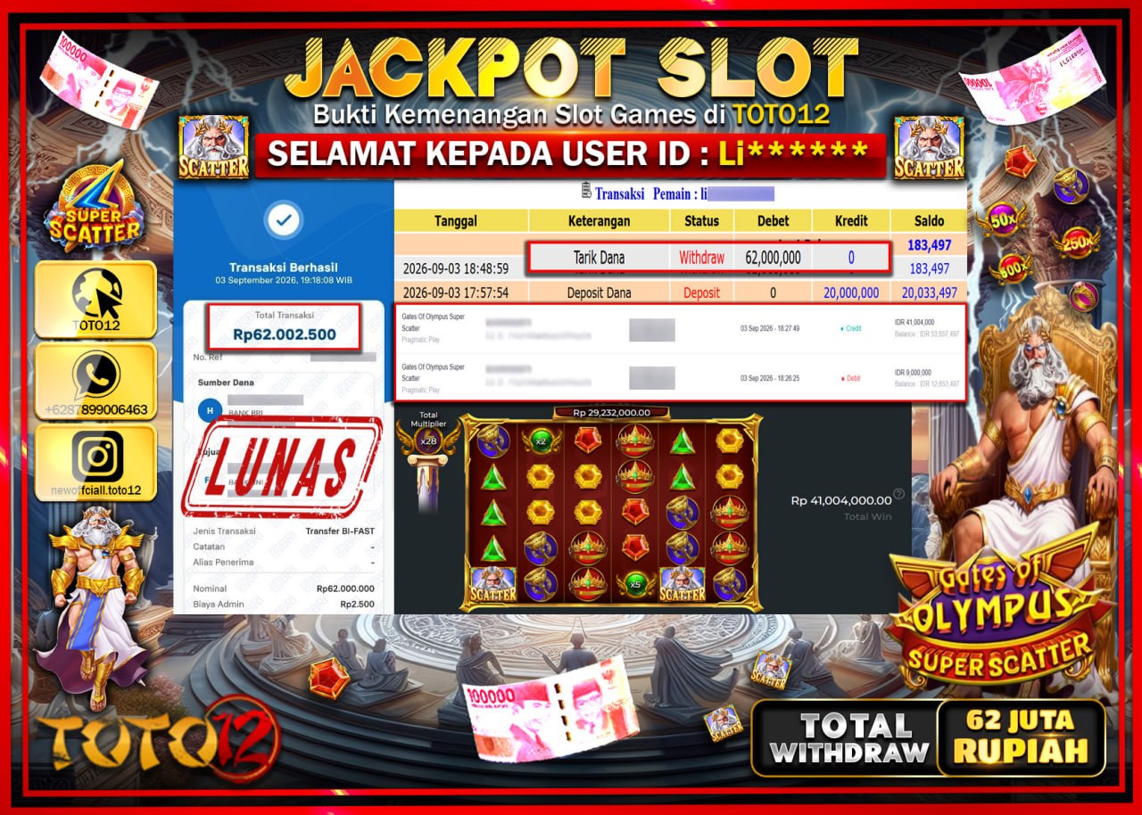 HANYA DI TOTO12 JP PASTI DI BAYAR LUNAS DAN CEPAT!!!!!! JACKPOT SLOT GAME (GATES OF OLYMPUS SUPER SCATTER) Rp62.000.000!!!!