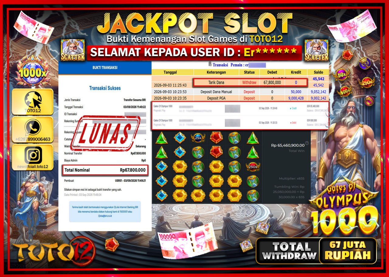 HANYA DI TOTO12 JP PASTI DI BAYAR LUNAS DAN CEPAT!!!!!! JACKPOT SLOT GAME (GATES OF OLYMPUS 1000) Rp67.800.000!!!!