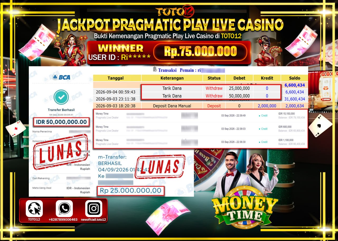 HANYA DI TOTO12 JP PASTI DI BAYAR LUNAS DAN CEPAT!!!!!! JACKPOT PRAGMATIC PLAY LIVE GAME CASINO (MONEY TIME) Rp75.000.000!!!!