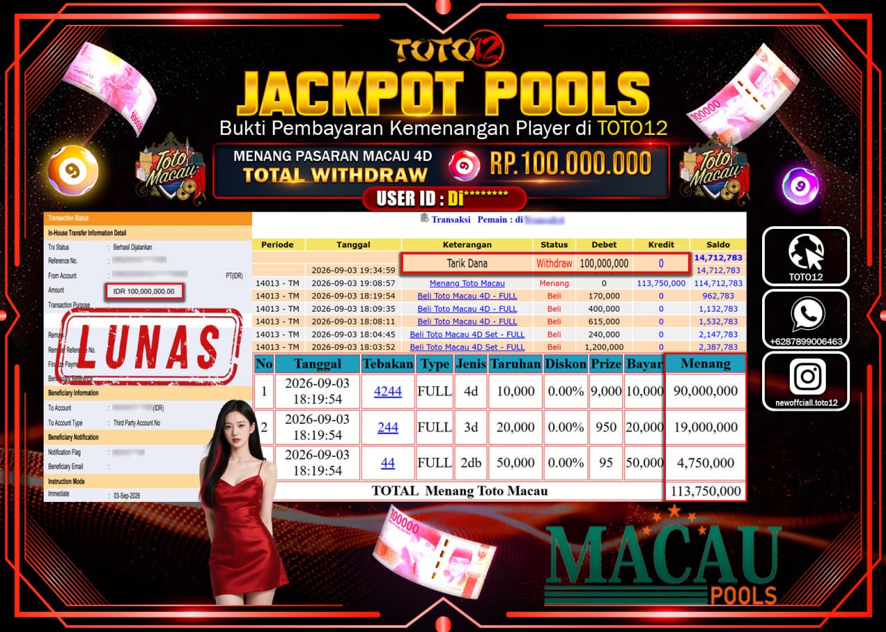 HANYA DI TOTO12 JP PASTI DI BAYAR LUNAS DAN CEPAT!!!!!! JACKPOT POOLS PASARAN (MACAU 4D) Rp100.000.000!!!!