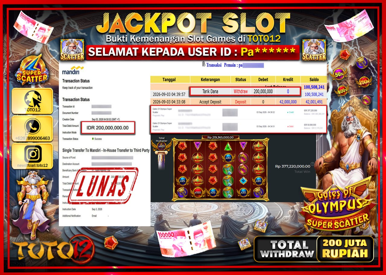 HANYA DI TOTO12 JP PASTI DI BAYAR LUNAS DAN CEPAT!!!!!! JACKPOT SLOT GAME (GATES OF OLYMPUS SUPER SCATTER) Rp200.000.000!!!!