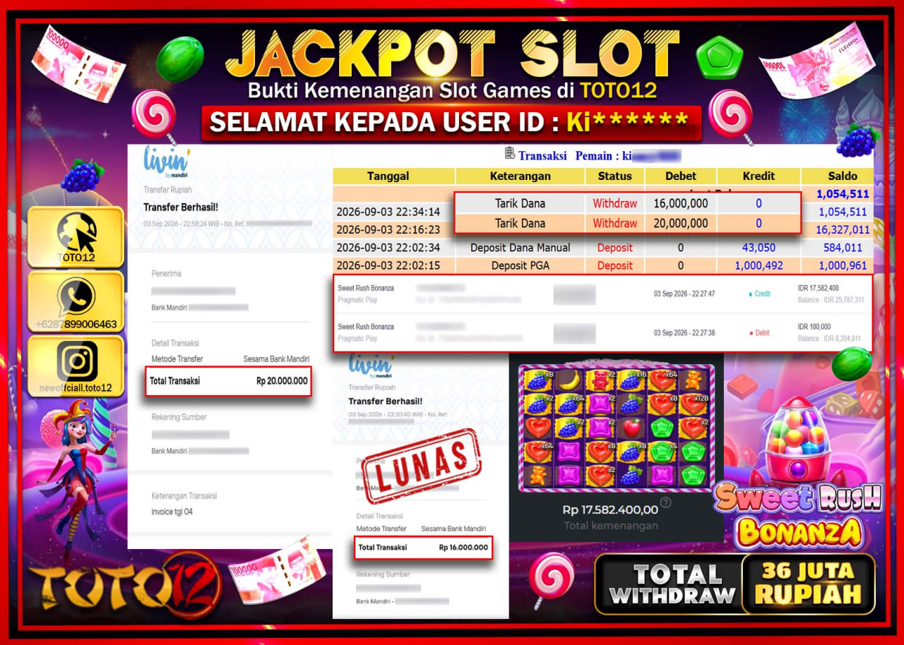 HANYA DI TOTO12 JP PASTI DI BAYAR LUNAS DAN CEPAT!!!!!! JACKPOT SLOT GAME (SWEET RUSH BONANZA) Rp36.000.000!!!!