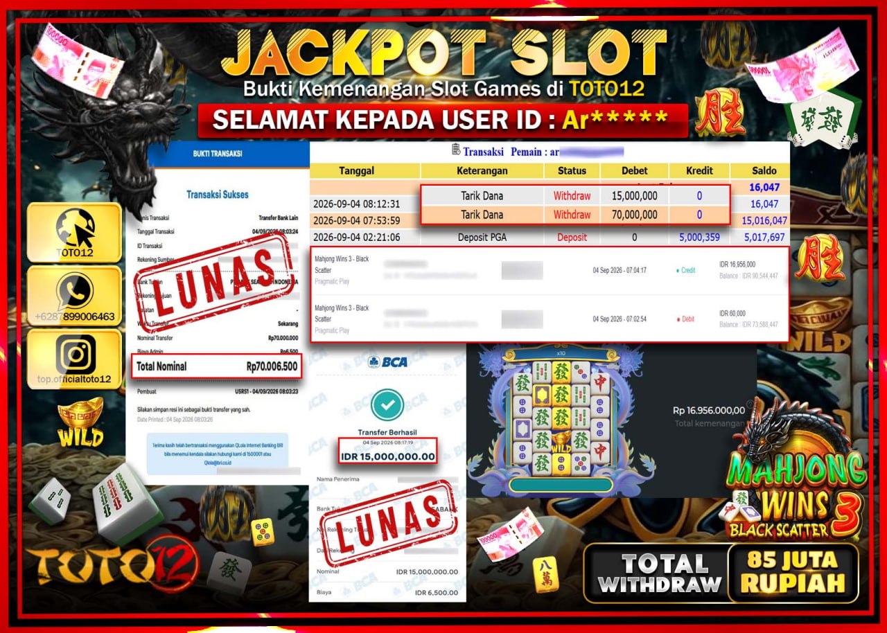 HANYA DI TOTO12 JP PASTI DI BAYAR LUNAS DAN CEPAT!!!!!! JACKPOT SLOT GAME (MAHJONG WINS 3 BLACK SCATTER) Rp85.000.000!!!!