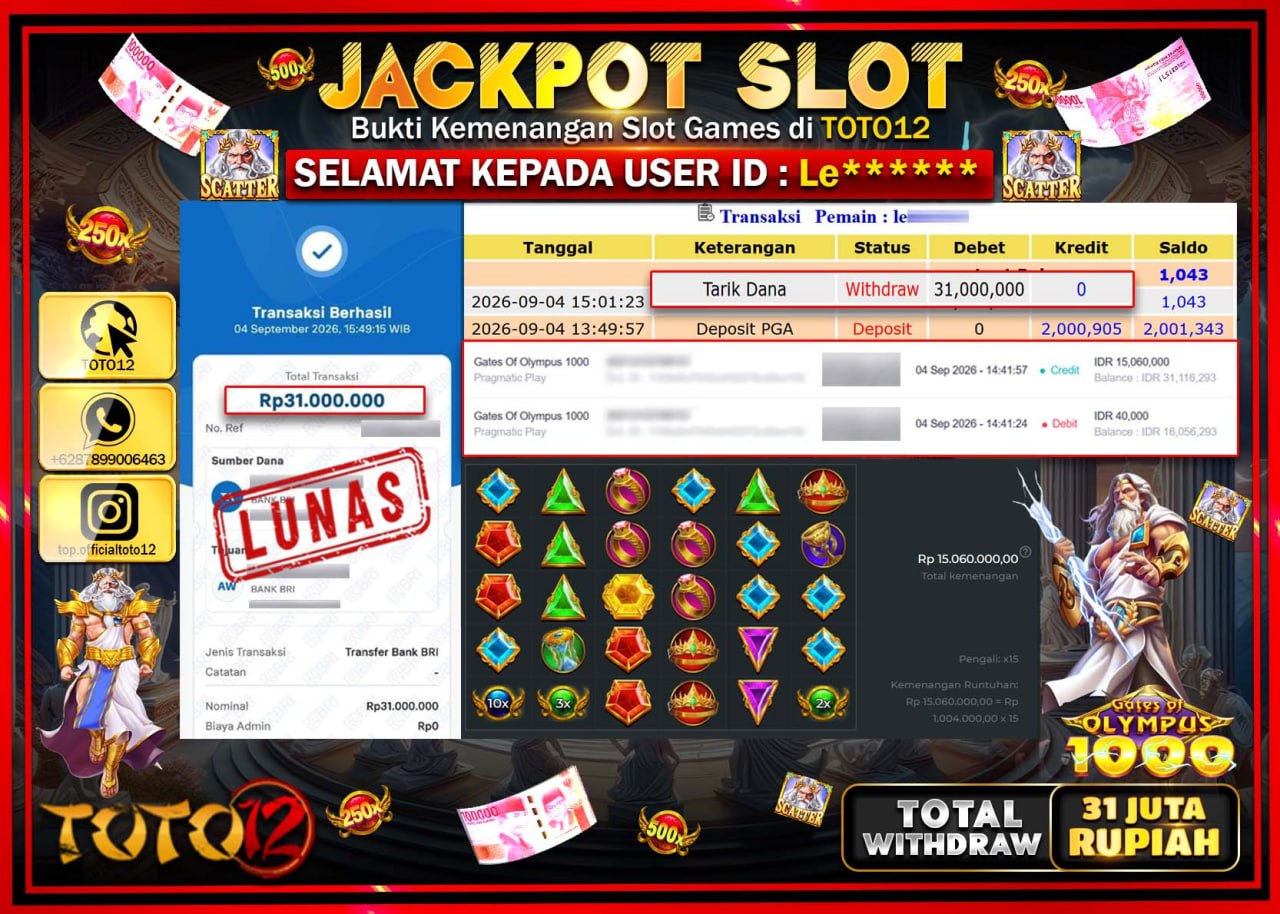 HANYA DI TOTO12 JP PASTI DI BAYAR LUNAS DAN CEPAT!!!!!! JACKPOT SLOT GAME (GATES OF OLYMPUS 1000) Rp31.000.000!!!!