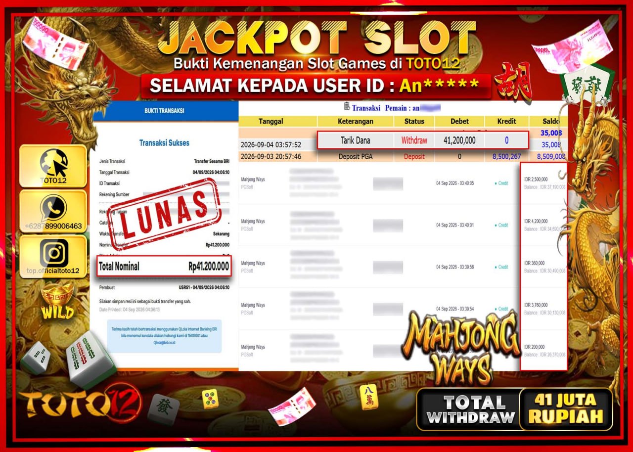 HANYA DI TOTO12 JP PASTI DI BAYAR LUNAS DAN CEPAT!!!!!! JACKPOT SLOT GAME (MAHJONG WAYS) Rp41.200.000!!!!