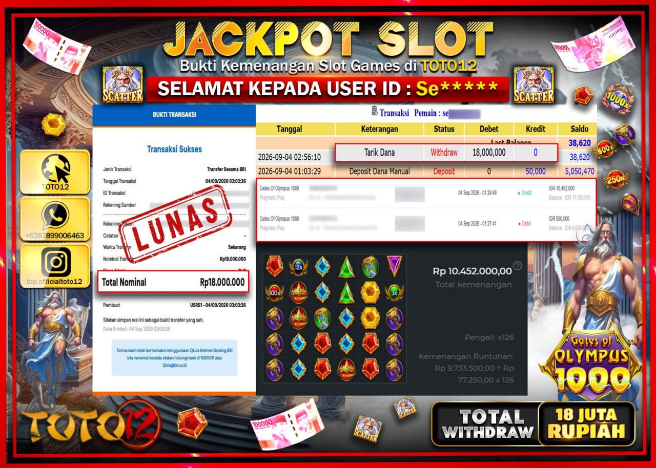 HANYA DI TOTO12 JP PASTI DI BAYAR LUNAS DAN CEPAT!!!!!! JACKPOT SLOT GAME (GATES OF OLYMPUS 1000) Rp18.000.000!!!!