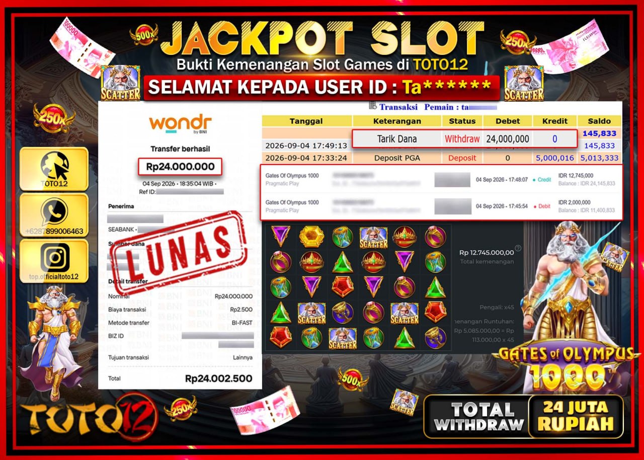 HANYA DI TOTO12 JP PASTI DI BAYAR LUNAS DAN CEPAT!!!!!! JACKPOT SLOT GAME (GATES OF OLYMPUS 1000) Rp24.000.000!!!!