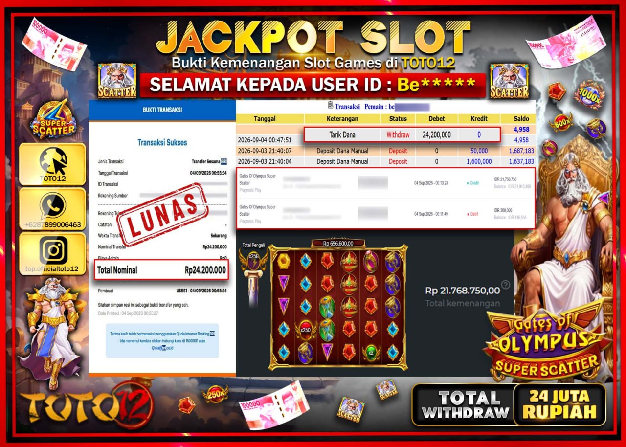 HANYA DI TOTO12 JP PASTI DI BAYAR LUNAS DAN CEPAT!!!!!! JACKPOT SLOT GAME (GATES OF OLYMPUS SUPER SCATTER) Rp24.200.000!!!!