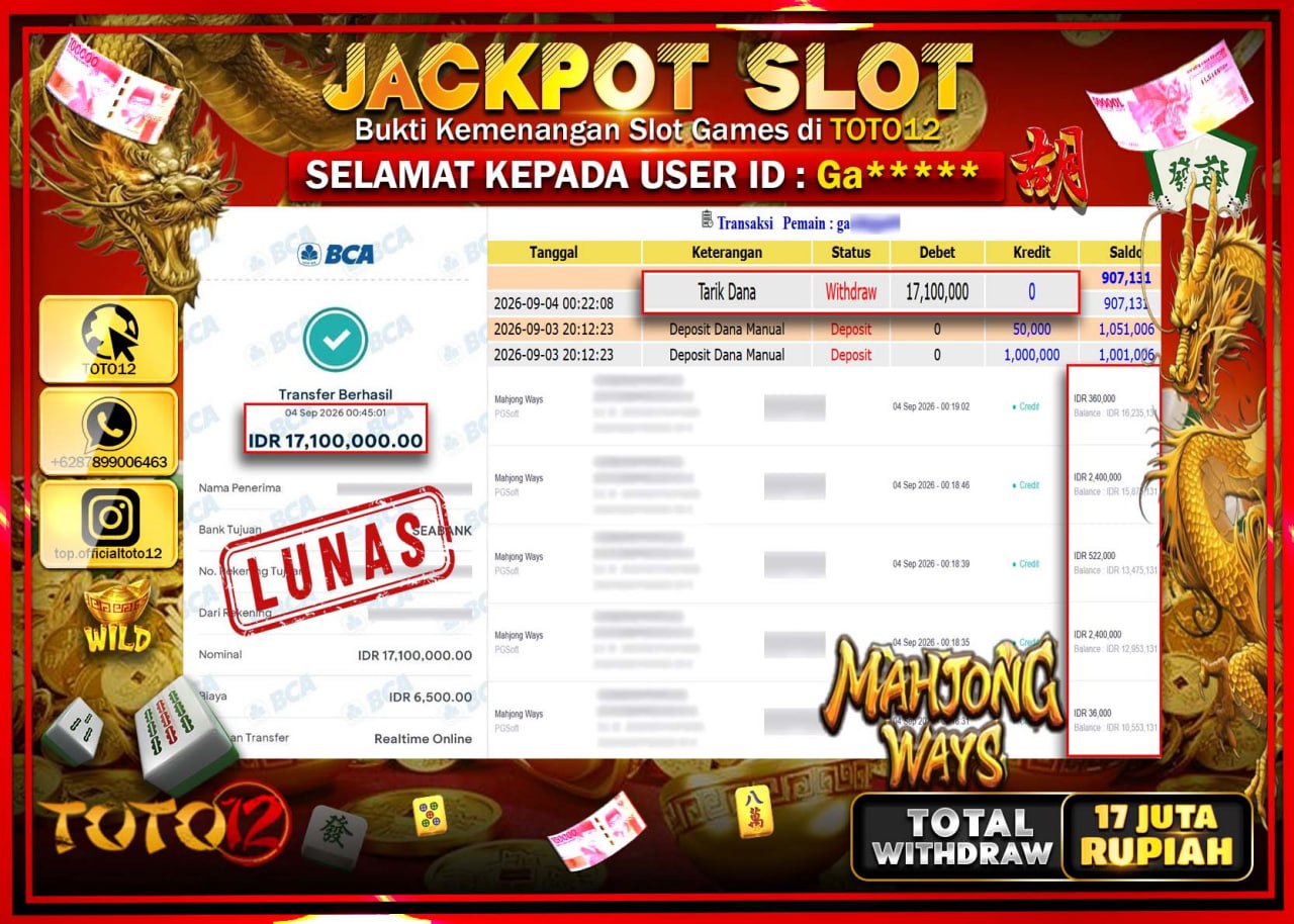 HANYA DI TOTO12 JP PASTI DI BAYAR LUNAS DAN CEPAT!!!!!! JACKPOT SLOT GAME (MAHJONG WAYS) Rp17.100.000!!!!