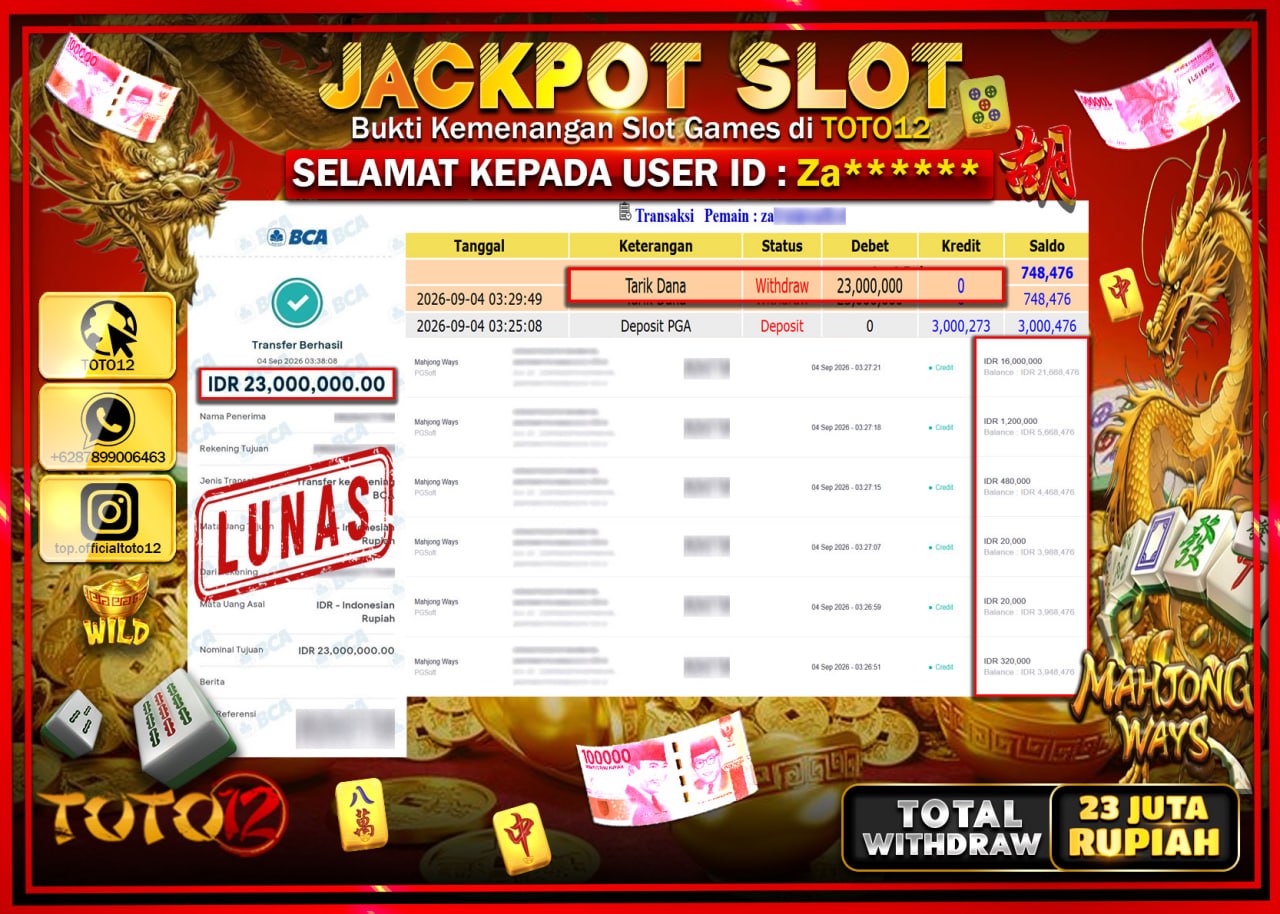 HANYA DI TOTO12 JP PASTI DI BAYAR LUNAS DAN CEPAT!!!!!! JACKPOT SLOT GAME (MAHJONG WAYS) Rp23.00.000!!!!