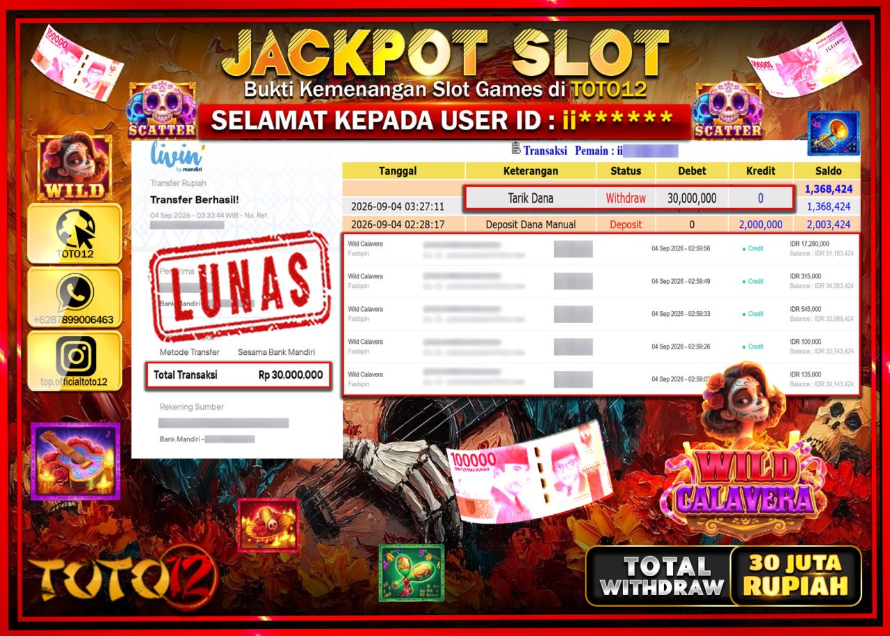HANYA DI TOTO12 JP PASTI DI BAYAR LUNAS DAN CEPAT!!!!!! JACKPOT SLOT GAME (WILD CALAVERA) Rp30.000.000!!!!