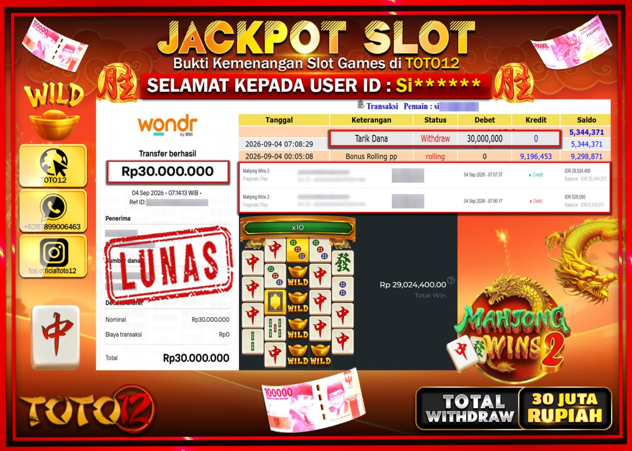 HANYA DI TOTO12 JP PASTI DI BAYAR LUNAS DAN CEPAT!!!!!! JACKPOT SLOT GAME (MAHJONG WINS 2) Rp30.000.000!!!!