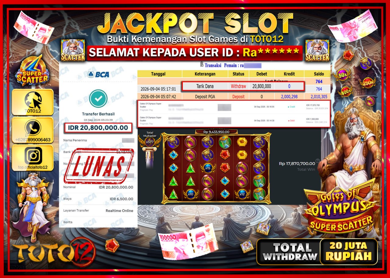 HANYA DI TOTO12 JP PASTI DI BAYAR LUNAS DAN CEPAT!!!!!! JACKPOT SLOT GAME (GATES OF OLYMPUS SUPER SCATTER) Rp20.800.000!!!!