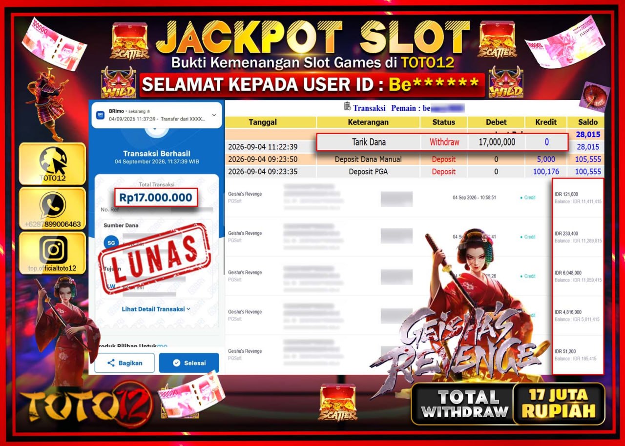 HANYA DI TOTO12 JP PASTI DI BAYAR LUNAS DAN CEPAT!!!!!! JACKPOT SLOT GAME (GEISHAS REVENGE) Rp17.000.000!!!!